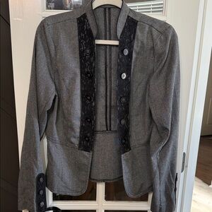 MAURICES Black & Gray Mandarin Collar Tweed Blazer w/ Lace Accents Size Large